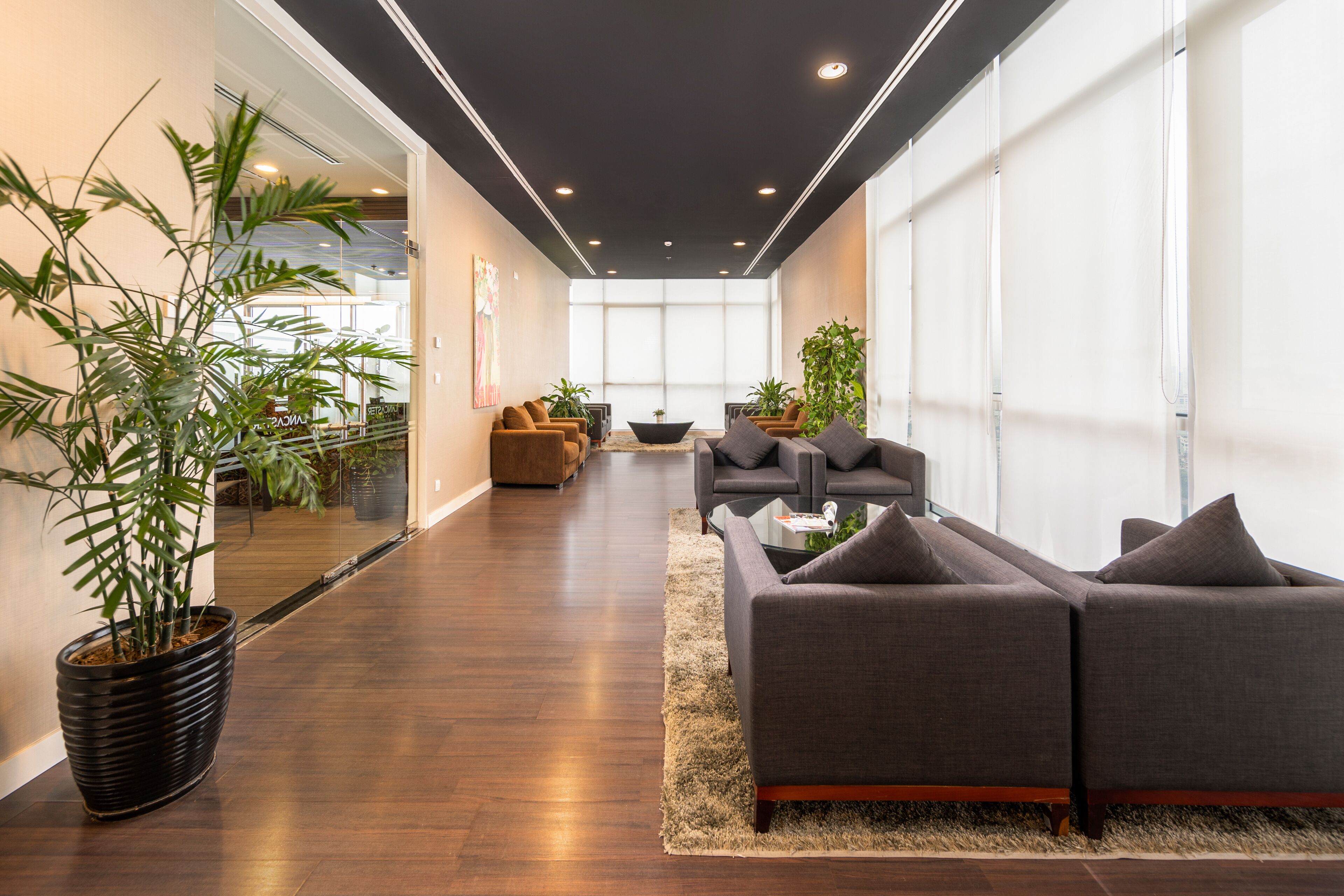 A spacious lobby with a modern design, featuring a large potted plant, a sofa set, and a coffee table.