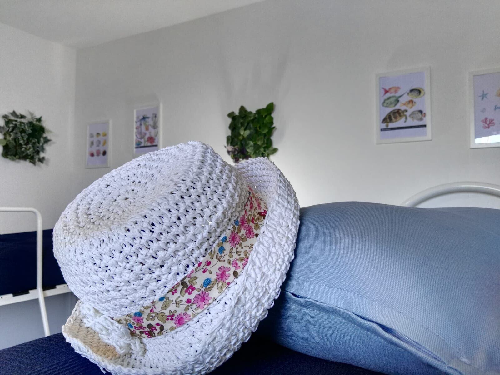 A white crocheted hat with a floral pattern on a blue couch in a room with white walls, framed pictures, and green plants.