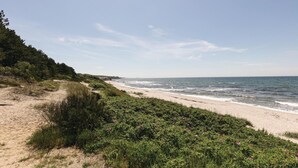 A beach with a sandy path leading to the water, surrounded by greenery and a clear sky. - 3 bedroom nice home in Hasle (Hasle)