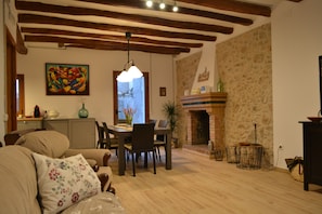 Télévision, cheminée, livres, chaîne hi-fi