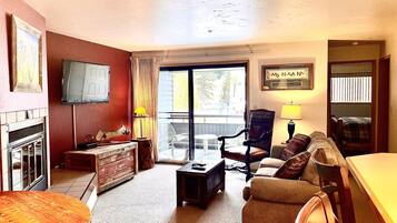 Smart TV, fireplace, books