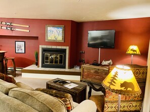 Smart TV, fireplace, books