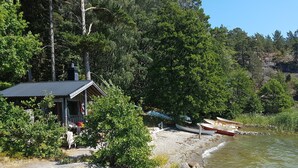 A rustic cabin with a metal roof, surrounded by dense forest and a rocky shoreline.