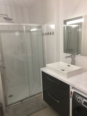 Hair dryer, towels, soap, toilet paper