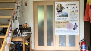 A room with a wooden floor, a desk with papers and a pig figurine, a door with a poster, and a fire extinguisher. - Hidejiro (Fukuchiyama)
