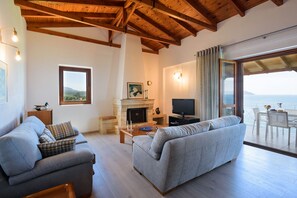 Televisión, chimenea, reproductor de DVD y estéreo 
