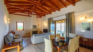 Un vaste espace de vie doté d’un plafond en bois, d’une cheminée, d’un canapé, d’une table à manger avec des chaises, et offrant une vue dégagée grâce à de grandes fenêtres.