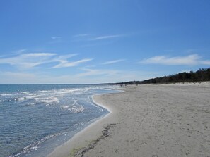 A wide sandy beach with gentle waves, a clear sky, and a forested area in the background. - Reusenhaus South in Breege (Breege)