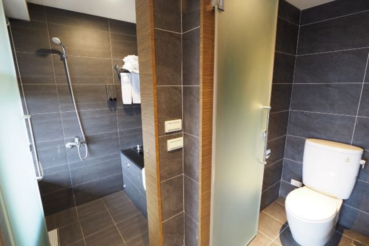A modern bathroom with dark tiles, a shower, a toilet, and a sink.