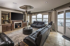 Smart TV, fireplace, video-game console, foosball