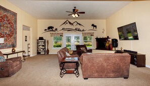 Smart TV, fireplace, video games, stereo