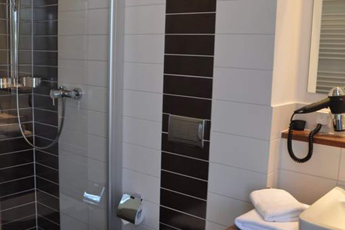 shower, free toiletries, hair dryer, towels