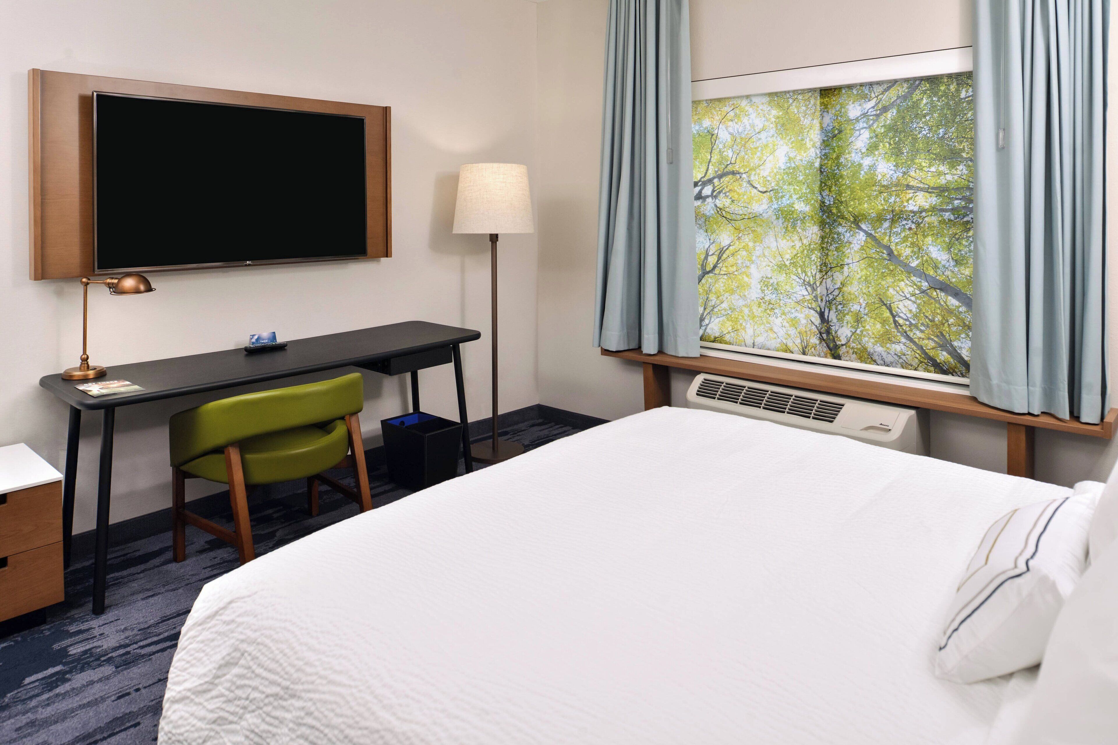 down duvets, desk, laptop workspace, blackout curtains