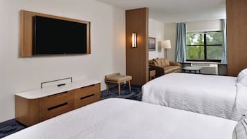 Down comforters, desk, laptop workspace, blackout drapes