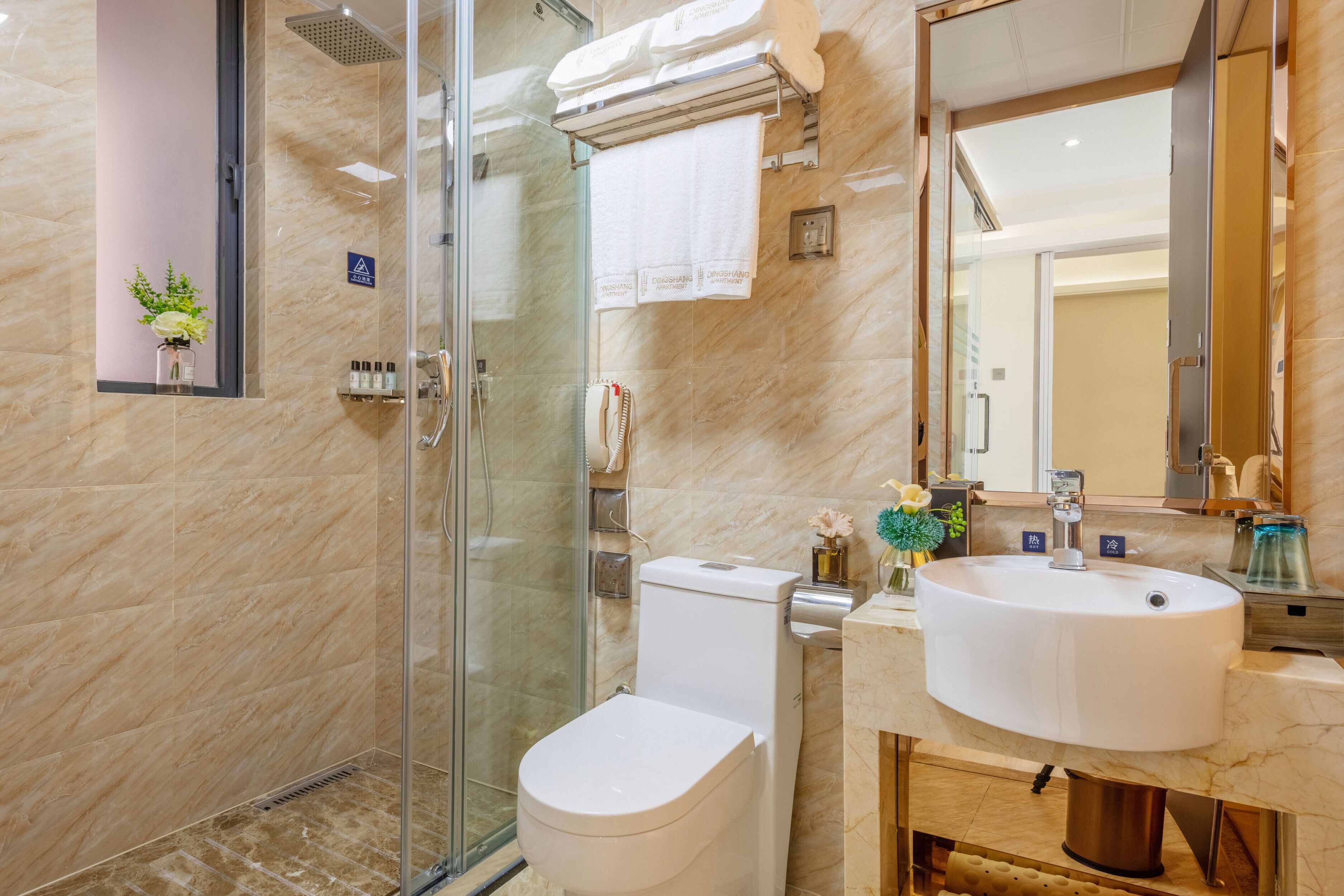 Une salle de bain moderne avec une douche à parois de verre, des toilettes et un lavabo surmonté d’un grand miroir.