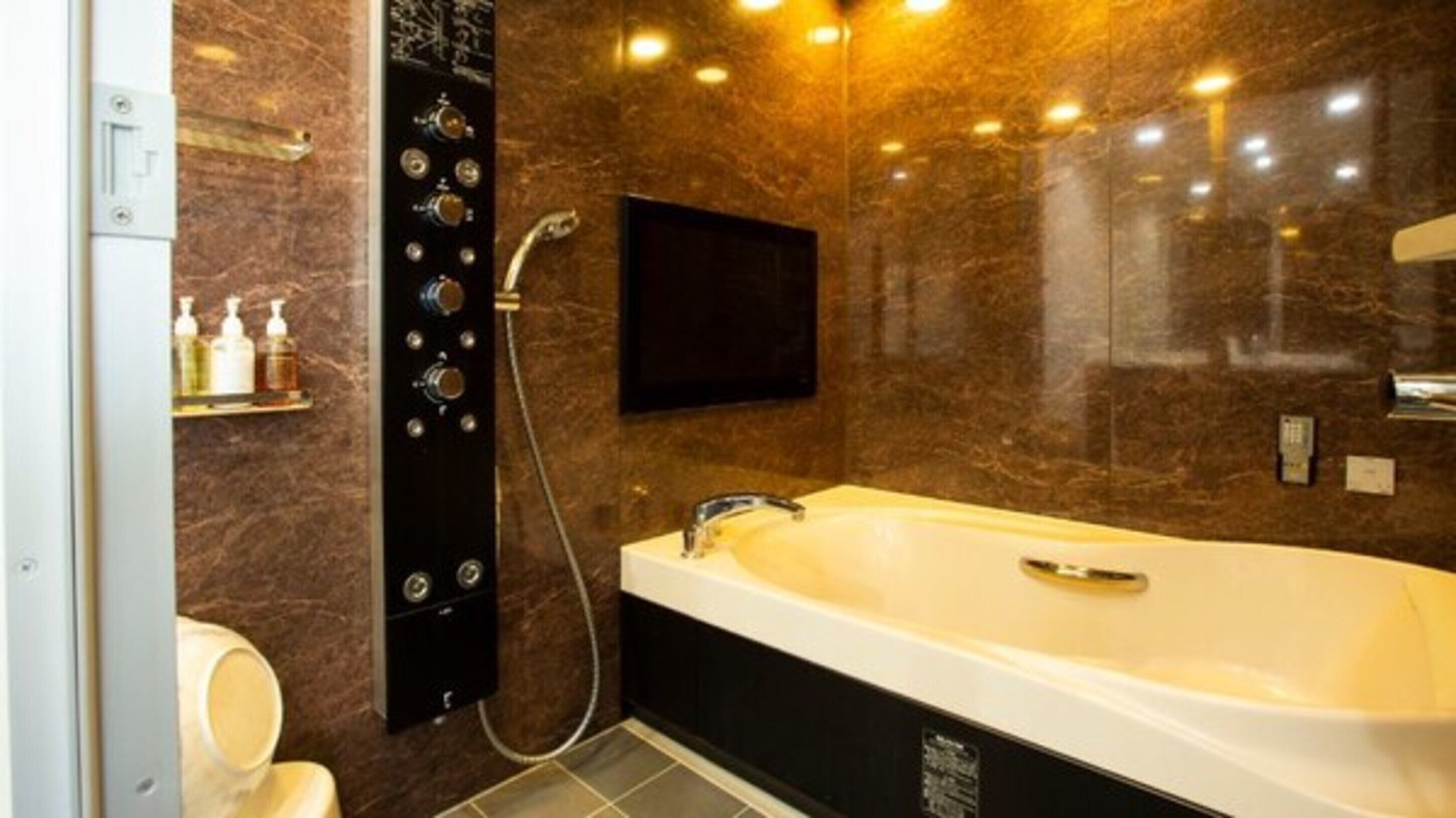 separate bathtub and shower, free toiletries, hair dryer, slippers