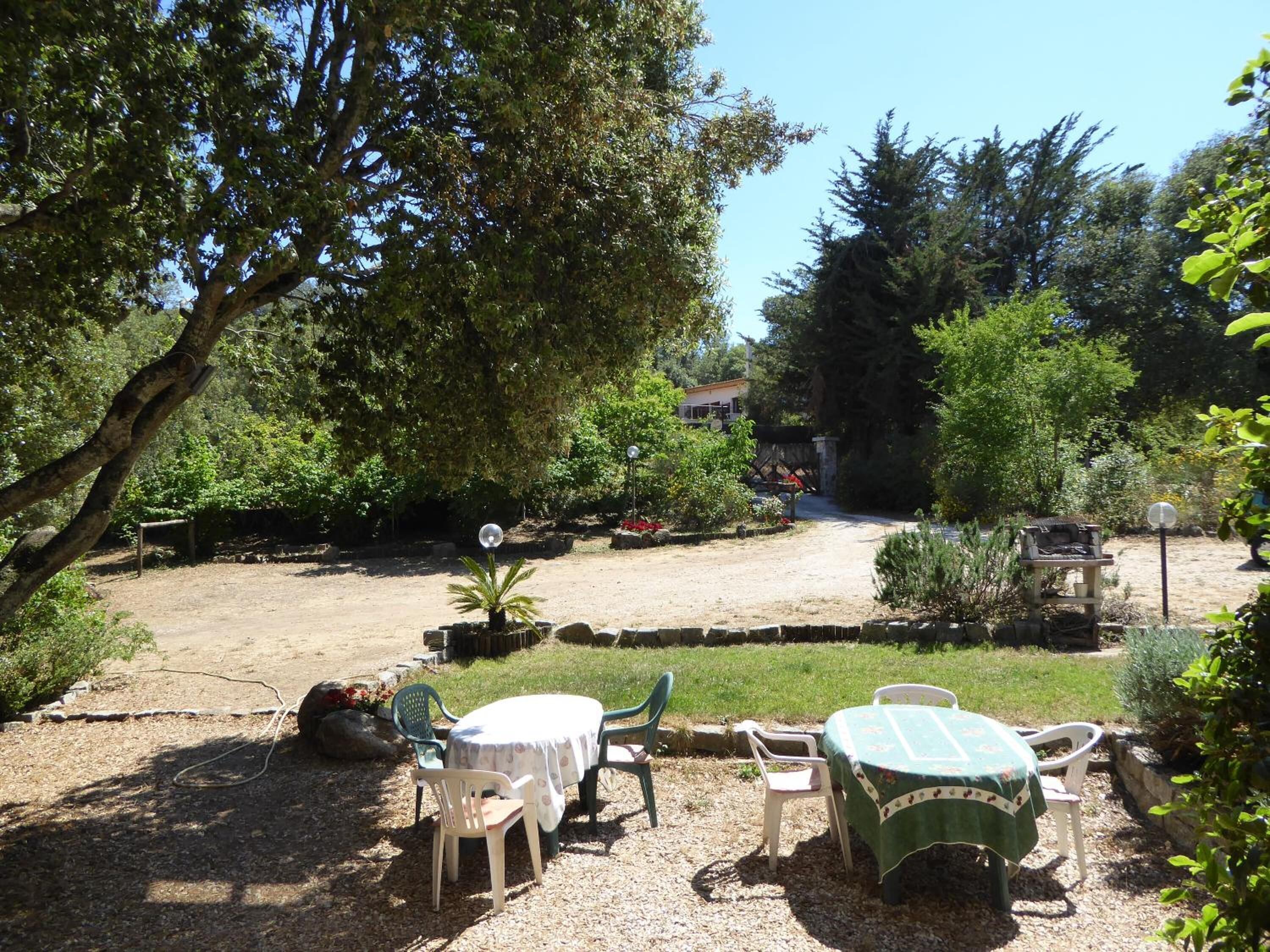 An outdoor seating area with a table and chairs, surrounded by trees and a gravel path.