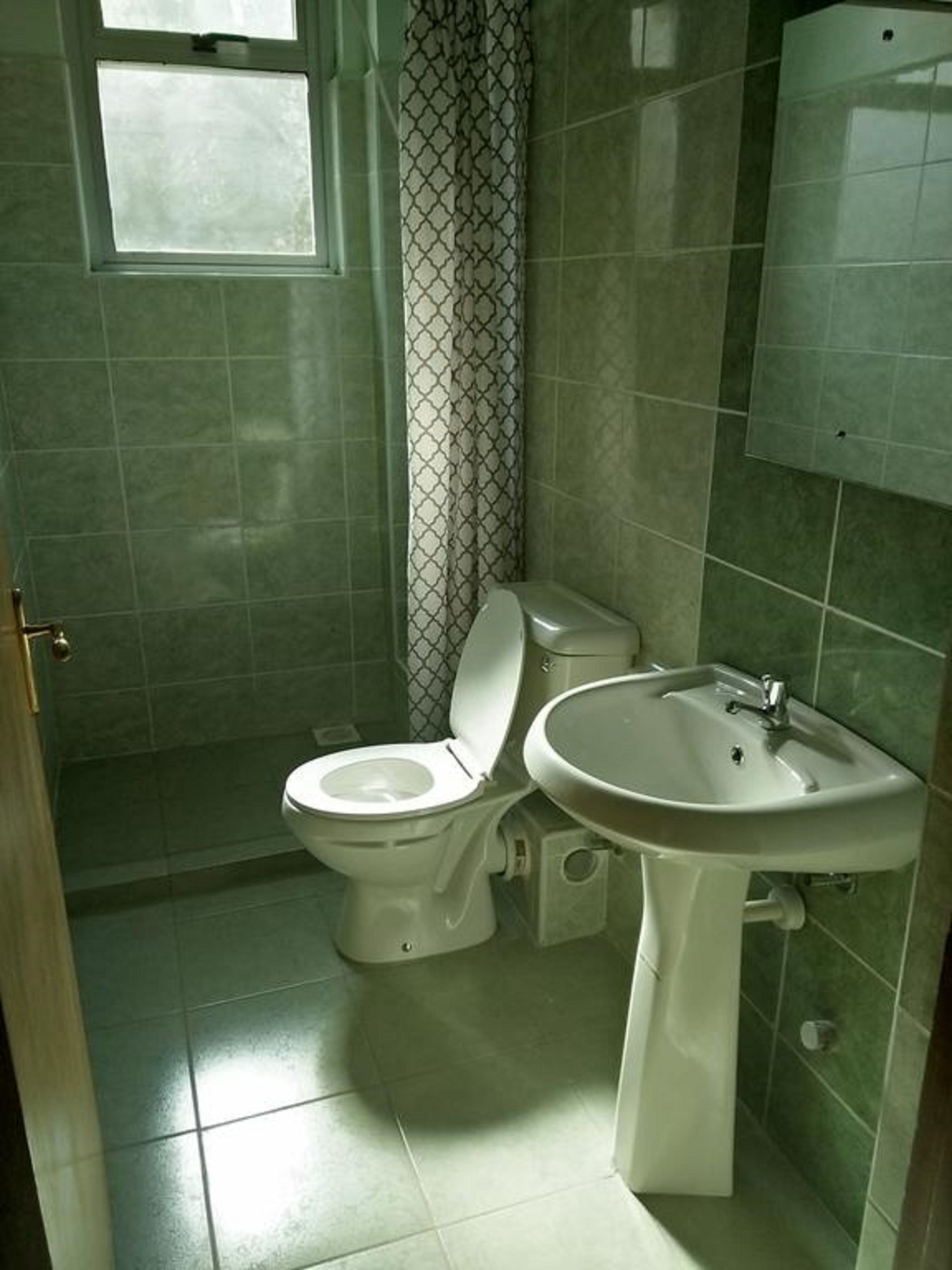 A bathroom with a toilet, sink, and a window.
