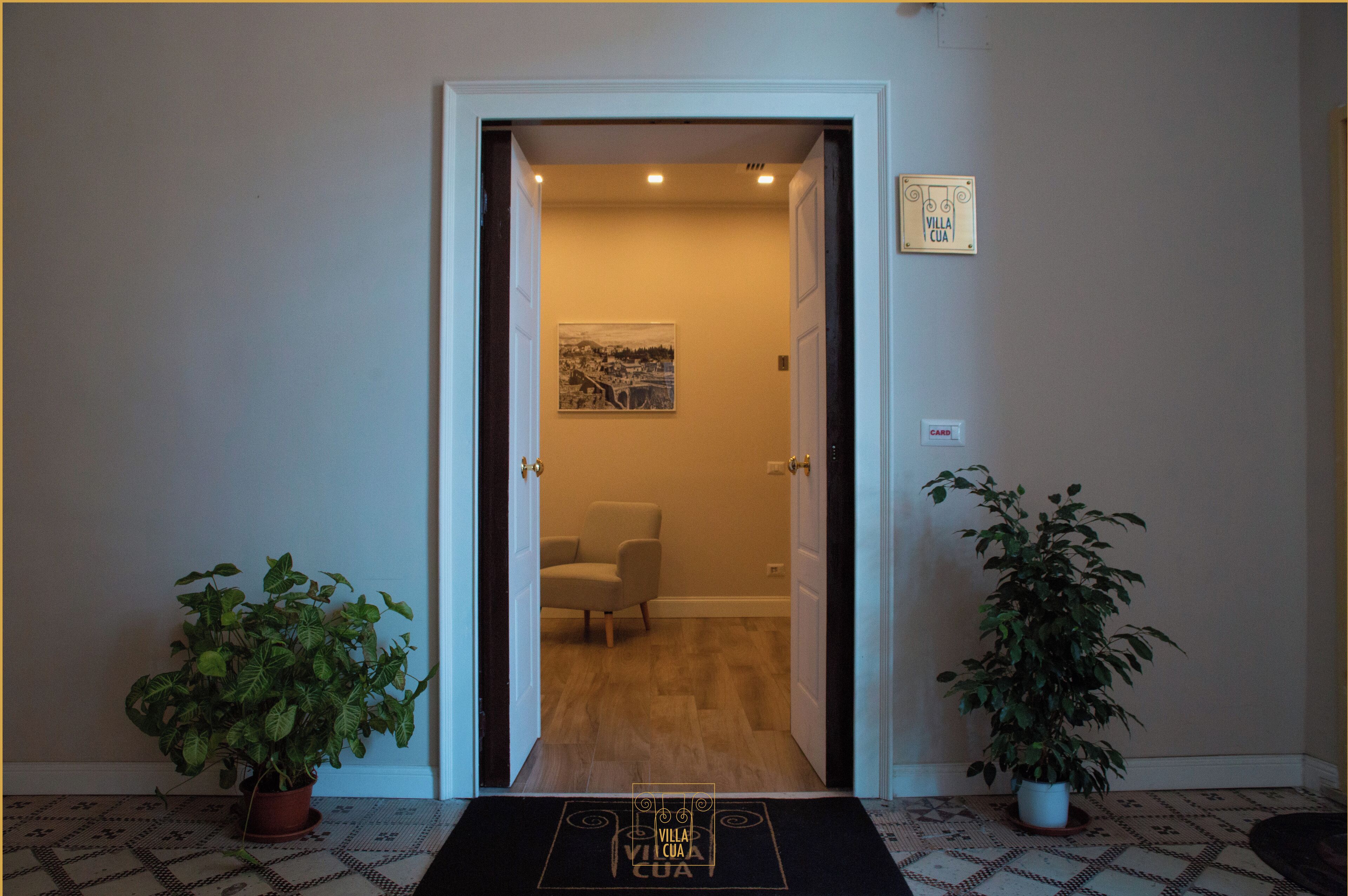 A hotel entrance with a wooden floor, a chair in the background, and two potted plants on either side.