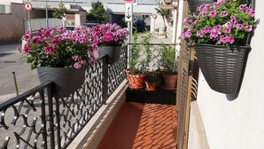 A narrow balcony with potted plants and a metal railing. - HOLIDAY HOUSE MANFREDI HOME (Polignano a Mare)