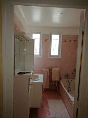 Tina, secadora de cabello, toallas, jabón 