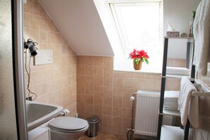 Apartamento, 2 quartos | Banheiro | Chuveiro, produtos de toalete grátis, secador de cabelo, chinelos