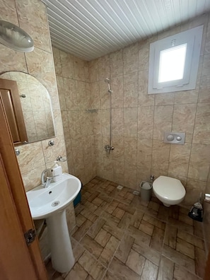 A bathroom with a sink, toilet, and shower.