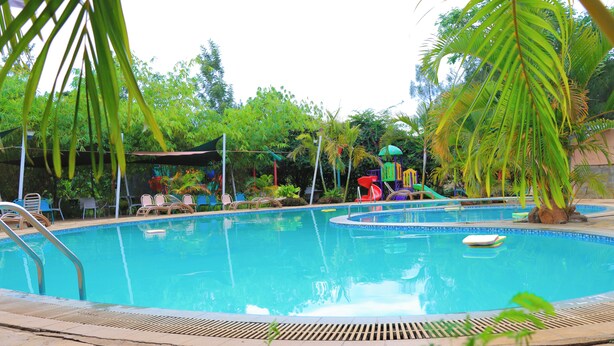 Une piscine avec un toboggan, entourée de palmiers et de chaises longues.