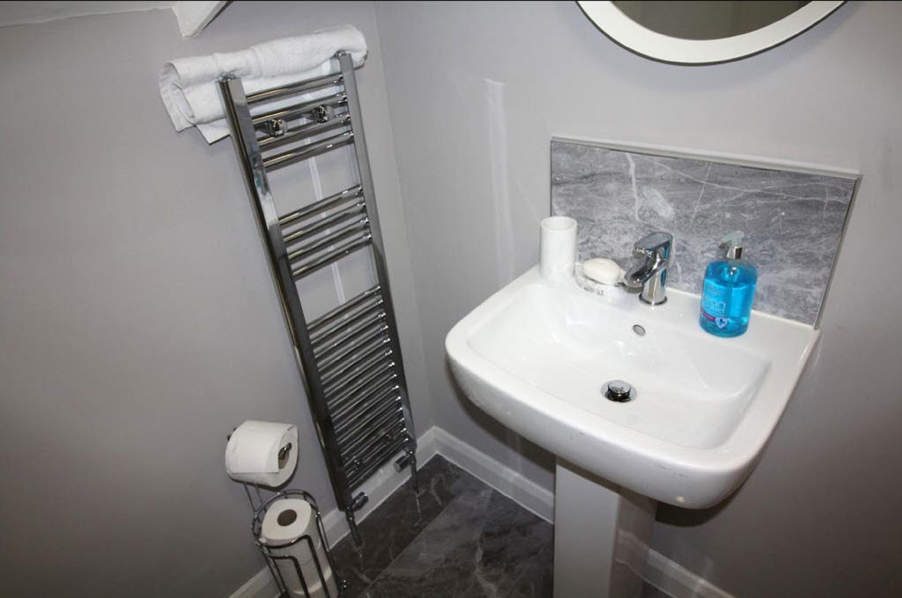 A bathroom with a white sink, a towel rack, a toilet paper holder, and a mirror.