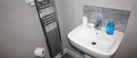 A bathroom with a white sink, a towel rack, a toilet paper holder, and a mirror.