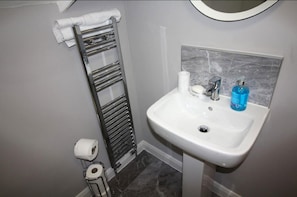 A bathroom with a white sink, a towel rack, a toilet paper holder, and a mirror. - Woodstock A 1 bed apartment (Belfast)