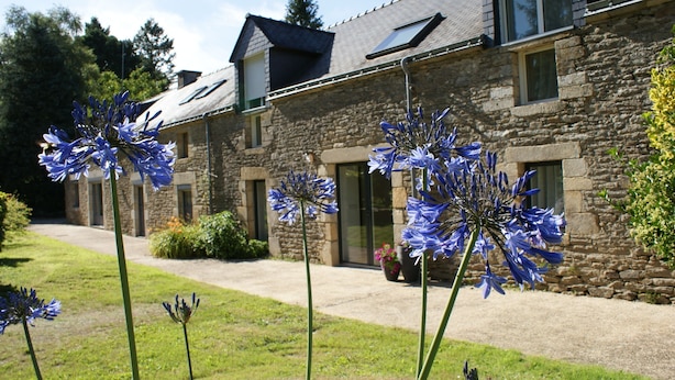A stone building with a sloped roof and multiple windows. - Aux Agapanthes (Pluherlin)