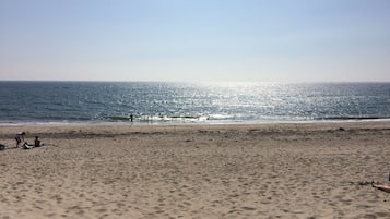 On the beach, sun loungers, beach towels