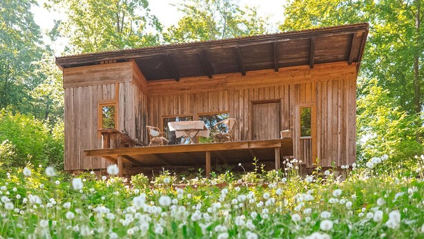 A rustic wooden cabin with a porch, surrounded by a field of white flowers.