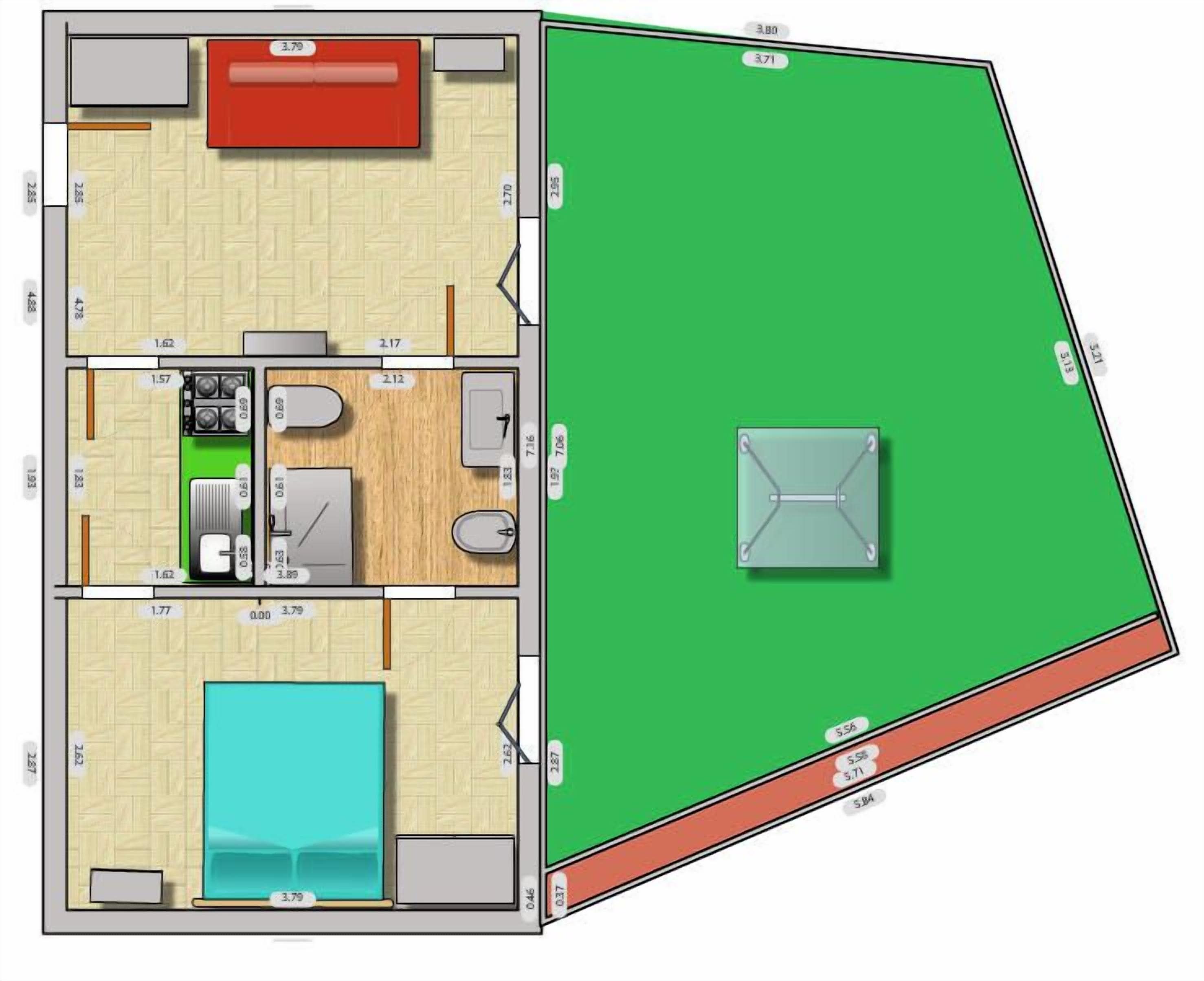 A floor plan of a hotel room with a bed, a small bathroom, a kitchenette, and a living area.
