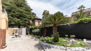 A courtyard with a stone pathway, palm trees, and a black wall.
