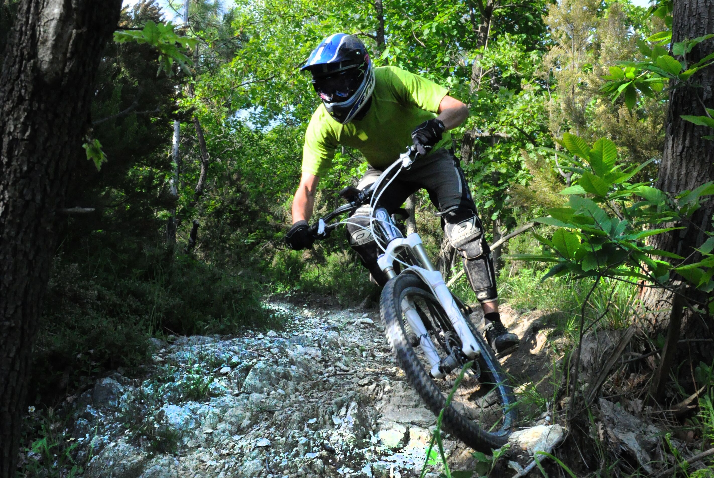 Uma pessoa andando de bicicleta de montanha em uma trilha rochosa, cercada por vegetação densa.