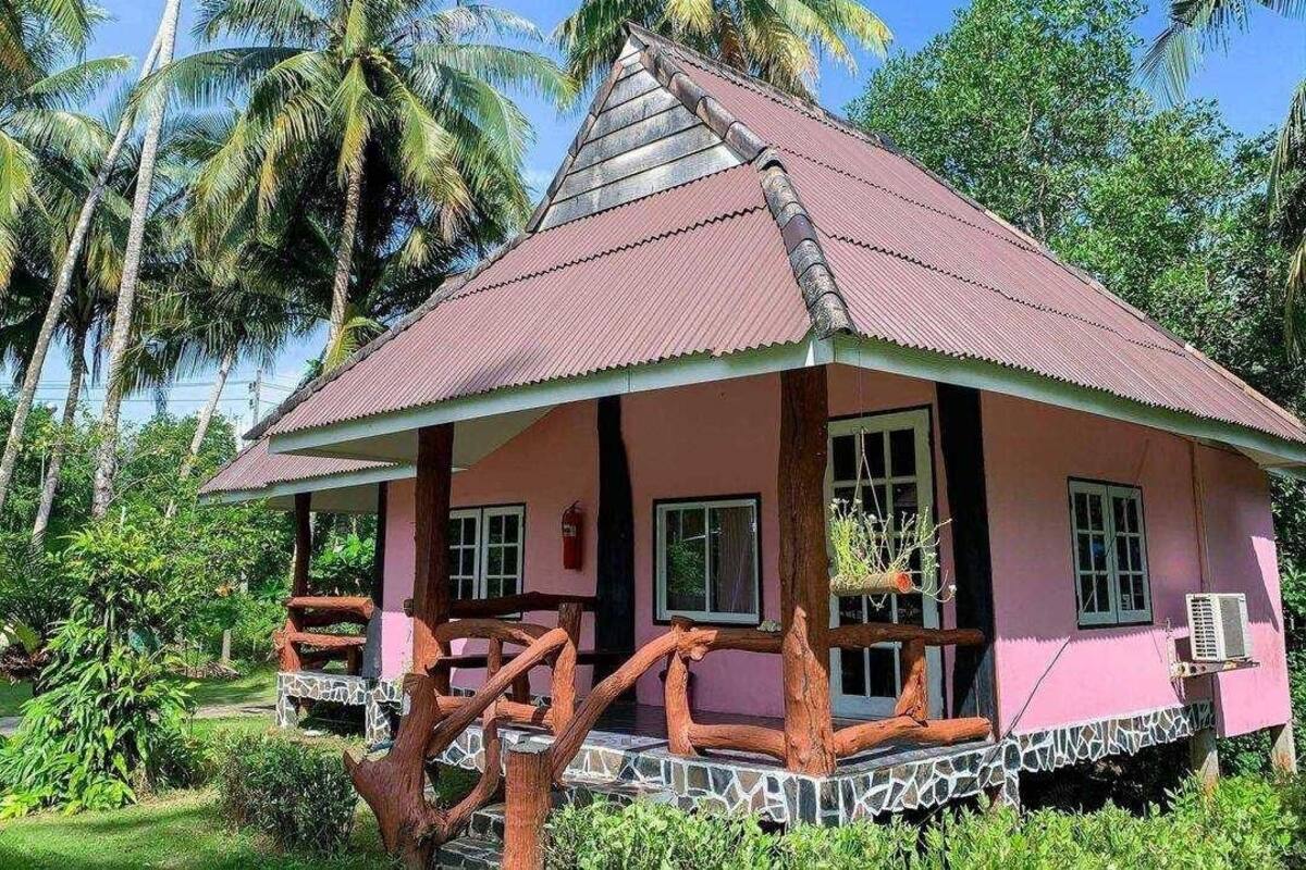 A pink building with a corrugated metal roof, surrounded by lush greenery and palm trees.