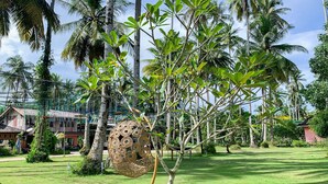 A tree with a hanging hammock, a grassy area, and a building in the background.