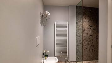 Shower, hair dryer, bidet, towels