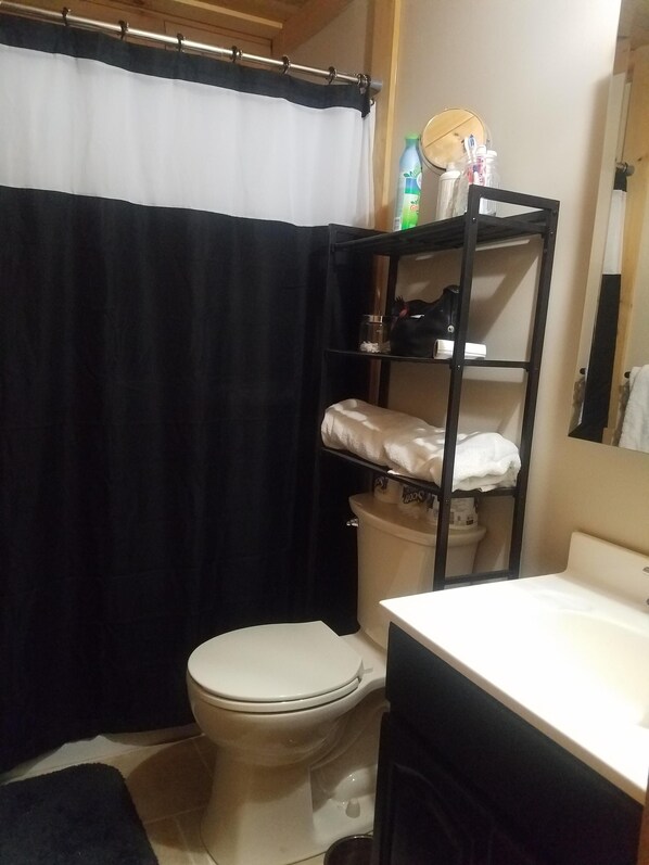 A bathroom with a toilet, a sink, a shelf with toiletries, and a shower curtain. - KEZAR LK, sleeps 10, Dogs fee, 1 ml golf/beachs, 7ml Fryeburg Fair, 8.6 ski
(Lovell)