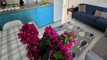 Full-size fridge, stovetop, electric kettle, cookware/dishes/utensils