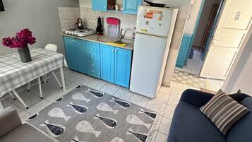 Full-size fridge, stovetop, electric kettle, cookware/dishes/utensils