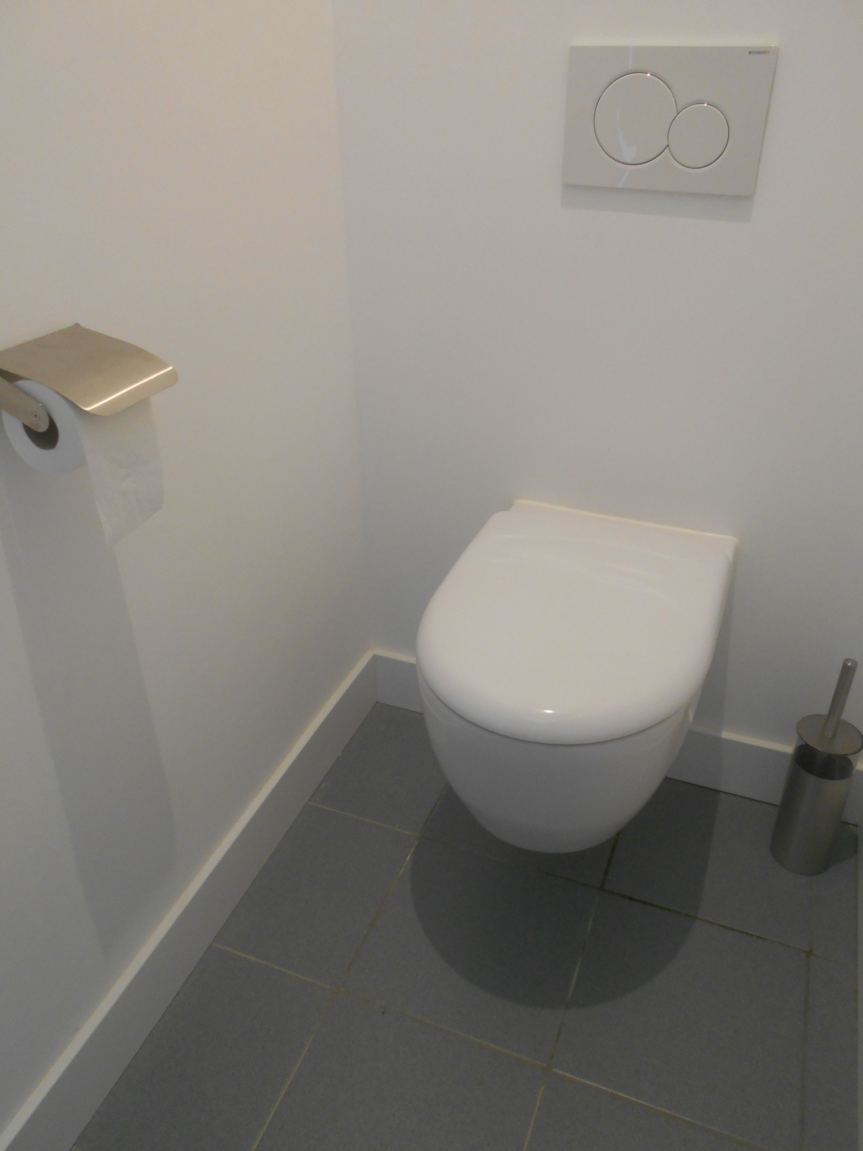 A white toilet with a flush handle, a toilet paper holder, and a bidet spray on the floor.