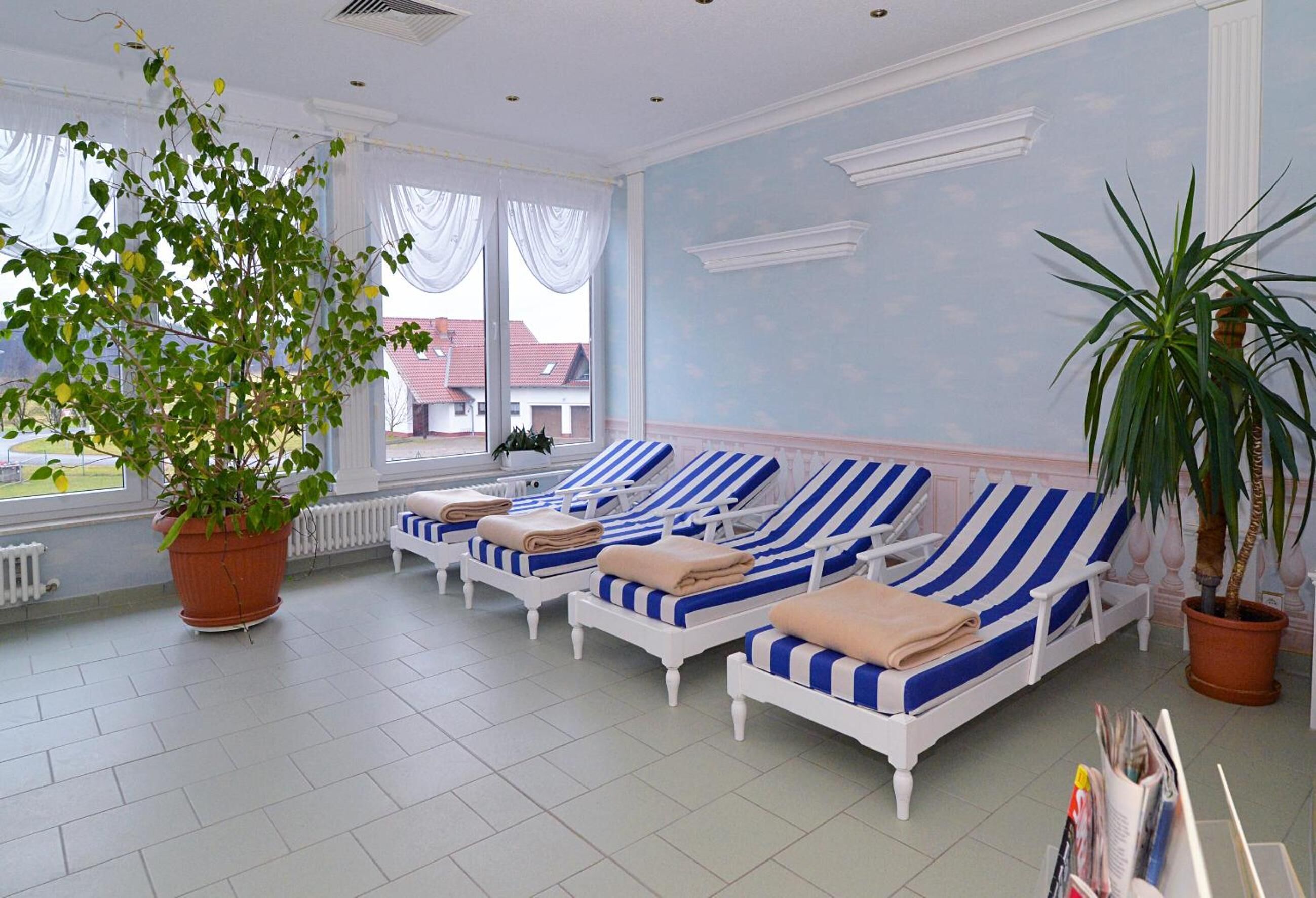 Ein Zimmer mit drei gestreiften Loungesesseln, einer großen Pflanze im Topf und einem Fenster mit Vorhängen.