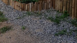 Una cerca de bambú con un camino de grava que lleva a un pequeño jardín.