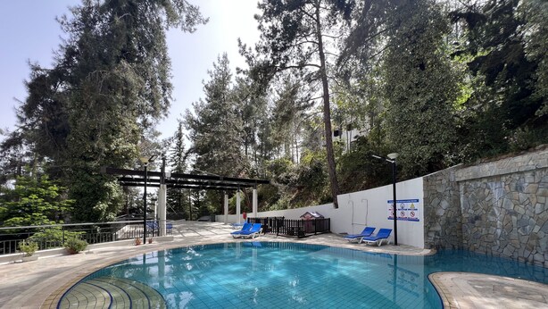 A swimming pool with blue tiles, surrounded by a stone wall and trees. There are lounge chairs and a pergola. - Poed Residences (Platres)
