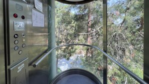 An elevator interior with metallic walls, control buttons, and a glass door leading to a forested area. - Poed Residences (Platres)