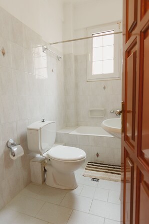 Hair dryer, towels, soap, shampoo