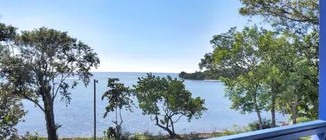 A view from a balcony overlooking a body of water with trees and a clear sky.